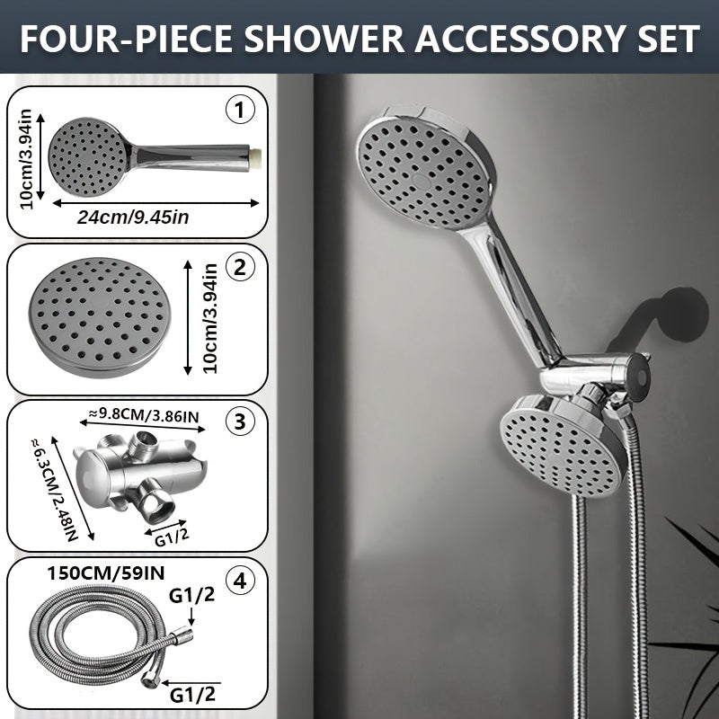 1 juego de cabezal de ducha de alto flujo de 4 pulgadas y manguera, set de ducha manual 2 en 1 con manguera de 59 pulgadas, desviador de 3 vías con soporte para cabezal de ducha, accesorio de baño de plástico estilo glam montado en la pared, salida doble