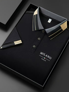Camiseta polo ligera y suave para hombre con estampado de letras "MILANO ITALIA" - Transpirable para verano, uso casual y empresarial, ajuste regular, cuello con botones, perfecta para vacaciones y uso diario, ropa de vacaciones, diseño de contraste eleg