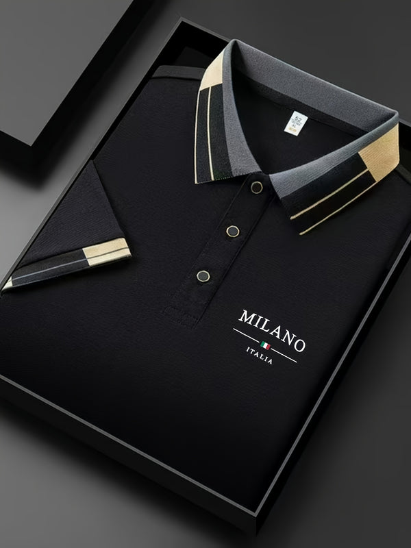 Camiseta polo ligera y suave para hombre con estampado de letras "MILANO ITALIA" - Transpirable para verano, uso casual y empresarial, ajuste regular, cuello con botones, perfecta para vacaciones y uso diario, ropa de vacaciones, diseño de contraste eleg