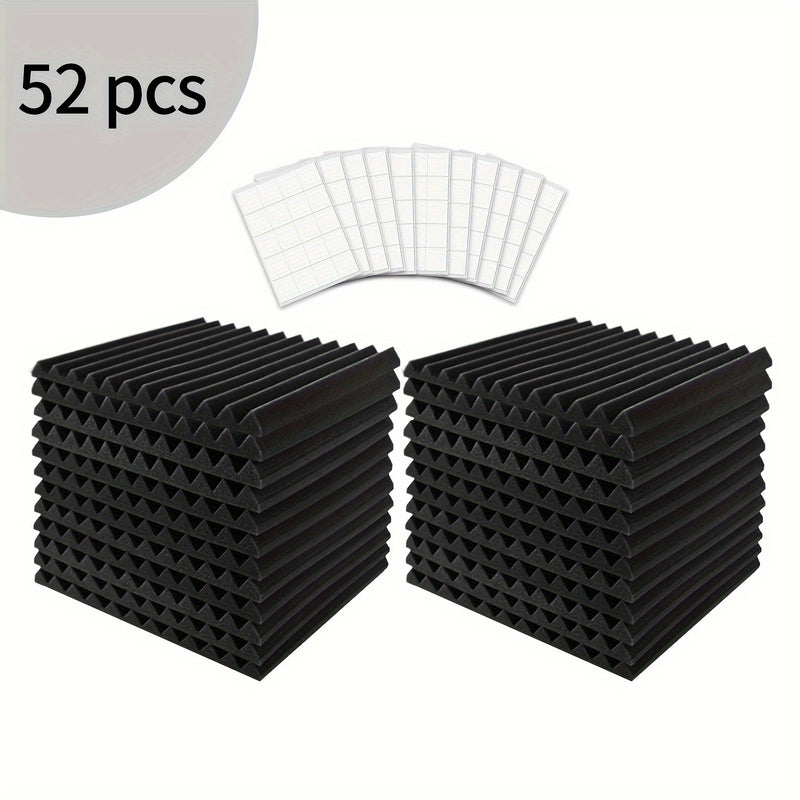 [52 piezas, espuma acústica] 52 piezas de espuma acústica negra para insonorización | Paneles en forma de cuña de 30.48 cm x 30.48 cm x 2.54 cm con adhesivo doble cara, ideal para reducir ruido en dormitorios, estudios y oficinas