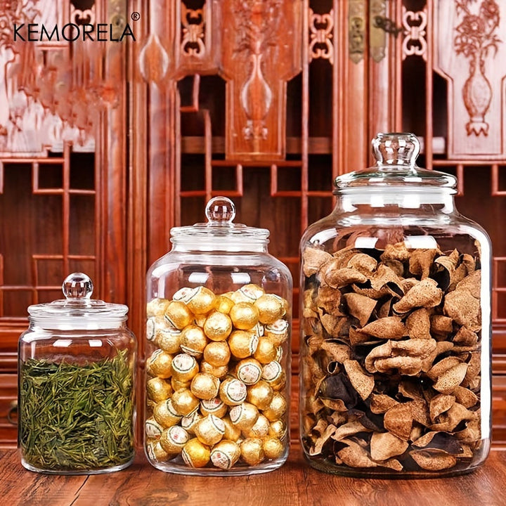 1pc KEMORELA Tarro de almacenamiento de vidrio con tapa de apertura - Multiusos, seguro para congelador, seguro para lavavajillas, contenedor redondo para granos de café, pasta, dulces, comida para perros, bocadillos - No se necesita electricidad