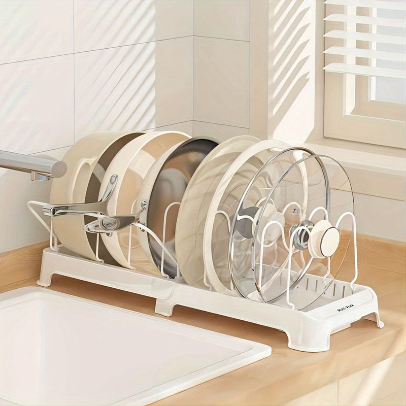Organizador Expandible de Ollas y Sartenes, Organizador de Ollas y Sartenes Expandible Multifuncional de 12 pzas para Gabinete con Compartimentos Ajustables, Tapa y Almacenamiento de Utensilios de Cocina