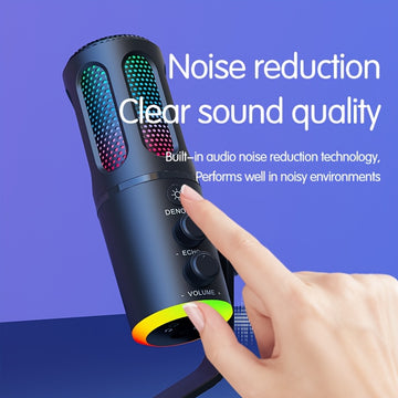 Micrófono Lewinner USB con Iluminación RGB, Cancelación de Ruido, Botón de Silencio - Ideal para Juegos, Podcasts, Twitch, PC y Smartphone - Micrófono Condensador Negro con Soporte Ajustable, LEWINNER