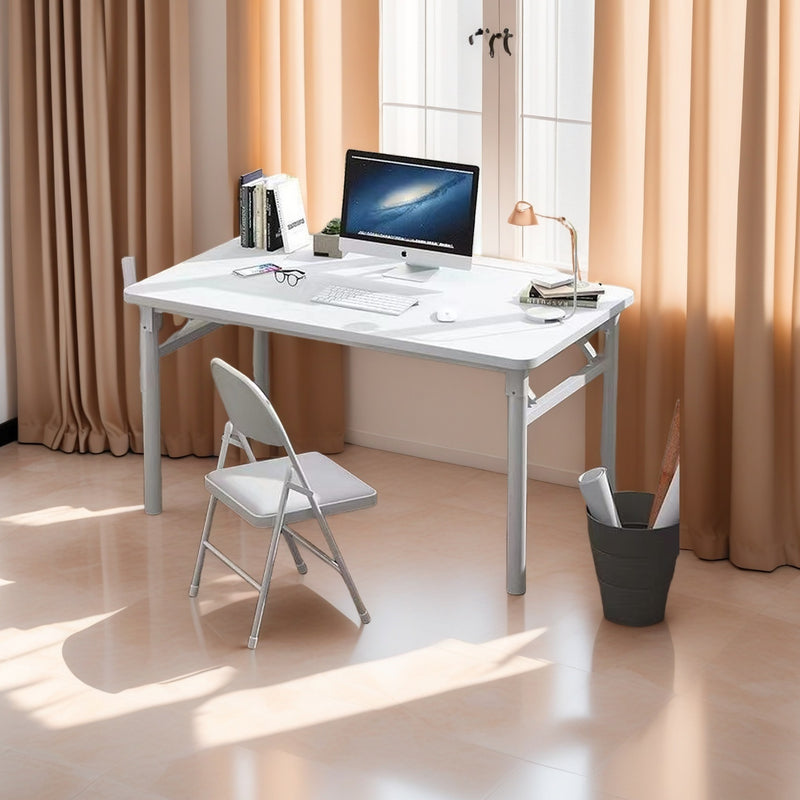 Mesa plegable blanca - Fácil de montar, diseño compacto para hogar, oficina y dormitorios, estructura de madera dura con marco de metal, incluye silla, estética y práctica, adecuada para 11 festivales.
