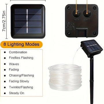 Luces solares LED para exteriores, 50/100/200 LED, luces de cuerda, luces de cinta, luces de tubo solar LED, 8 modos, tubo delgado transparente, luces de hadas, ideales para decoración de campamentos, fiestas, bodas, cercas, jardines, trampolines, carpas