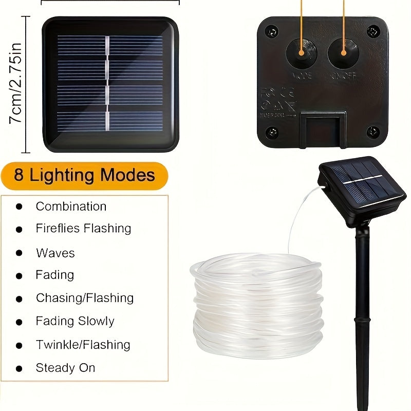 Luces solares LED para exteriores, 50/100/200 LED, luces de cuerda, luces de cinta, luces de tubo solar LED, 8 modos, tubo delgado transparente, luces de hadas, ideales para decoración de campamentos, fiestas, bodas, cercas, jardines, trampolines, carpas
