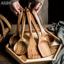 Conjunto de Utensilios de Cocina de Madera AIUHI de 5 Piezas, Cucharas de Madera y Juego de Espátulas Naturales para Sartenes Antiadherentes