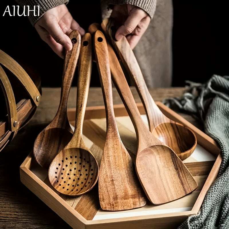 Conjunto de Utensilios de Cocina de Madera AIUHI de 5 Piezas, Cucharas de Madera y Juego de Espátulas Naturales para Sartenes Antiadherentes