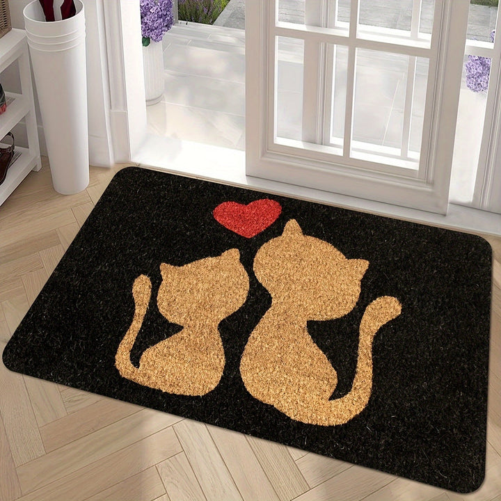 1 alfombra de entrada con silueta de gato Whisker Wonders, rectangular, de poliéster, base antideslizante de PVC, lavable a máquina, para interior/exterior, diseño con corazón