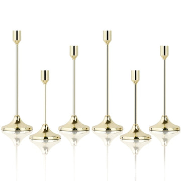 Elegante Juego de 6 Candelabros Metálicos Dorados para Bodas y Aniversarios - Acabado Pulido, Perfecto para Decoraciones de Mesas en Casa y Restaurantes (Velitas No Incluidas)