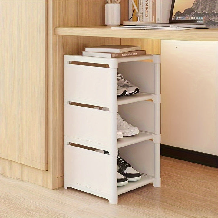 Organizador de zapatos blanco de varios niveles - Diseño vertical ahorrador de espacio con estantes abiertos, fácil de armar, ideal para entrada, sala, habitación o cocina | Estante de almacenamiento blanco elegante | Barras de soporte de metal, organiza