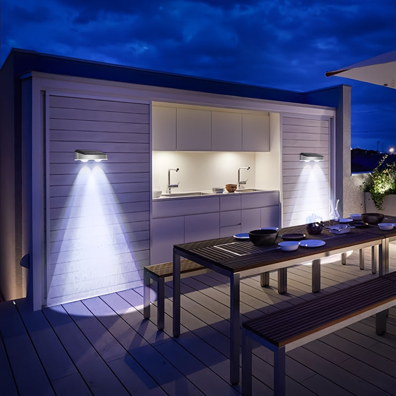 Juego de 2/4/8 luces solares para pared exterior de acero inoxidable, luces solares para exteriores, luces para pared con sensor crepuscular, luces solares para cercas, en modo luz cálida/blanca/RGB, para patios, barandales, jardines y paredes de porche