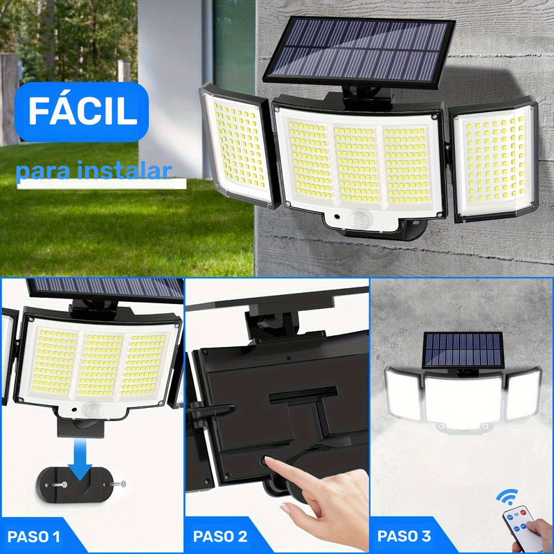 1/2pcs Luces Solares para Exteriores, Luces con Sensor de Movimiento, Luces Solares, Luz de Pared con Control Remoto, Luces de Inundación de Seguridad de 3 Cabezas, Impermeable, Lámpara de Pared de Ángulo Amplio de 270° con 3 Modos para Jardín, Camino de