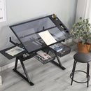 Mesa de dibujo de vidrio negro con cajón lateral y banqueta acolchada en cuero sintético - Sin necesidad de energía eléctrica, diseño sin madera para oficina en casa