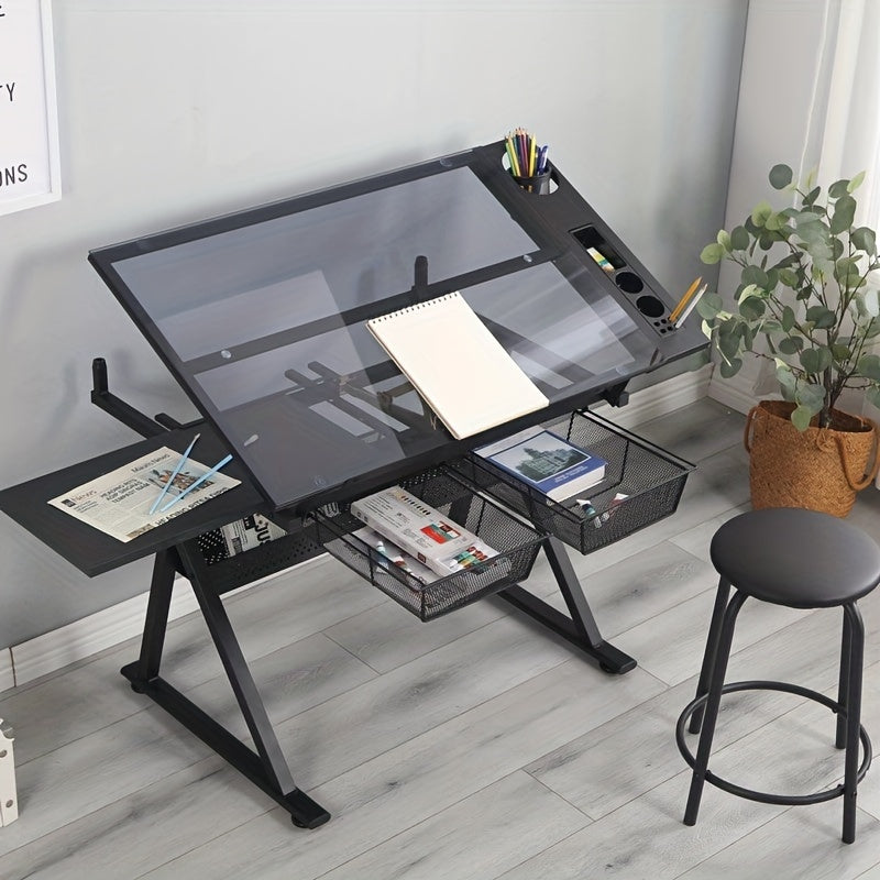 Mesa de dibujo de vidrio negro con cajón lateral y banqueta acolchada en cuero sintético - Sin necesidad de energía eléctrica, diseño sin madera para oficina en casa