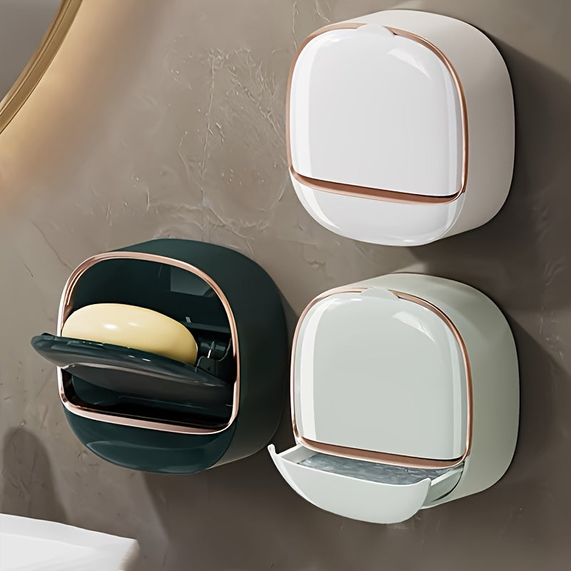 Dispensador de Jabón de Pared 1pc con Drenaje, Instalación Sin Taladro, Diseño Rectangular de Plástico en Verde/Blanco o Blanco/Dorado Rosa, Perfecto para Baño, Cocina y Almacenamiento de Fregadero