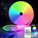 Lámpara de neón RGB de 5 metros/196,85 pulgadas, cinta LED de neón flexible de silicona, con control remoto y control de aplicación, puede cambiar de color de manera sincronizada con la música y puede ajustar la luminosidad regularmente, lo que es muy co