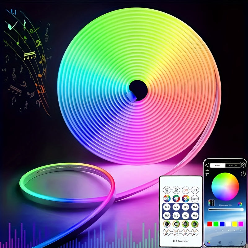 Lámpara de neón RGB de 5 metros/196,85 pulgadas, cinta LED de neón flexible de silicona, con control remoto y control de aplicación, puede cambiar de color de manera sincronizada con la música y puede ajustar la luminosidad regularmente, lo que es muy co