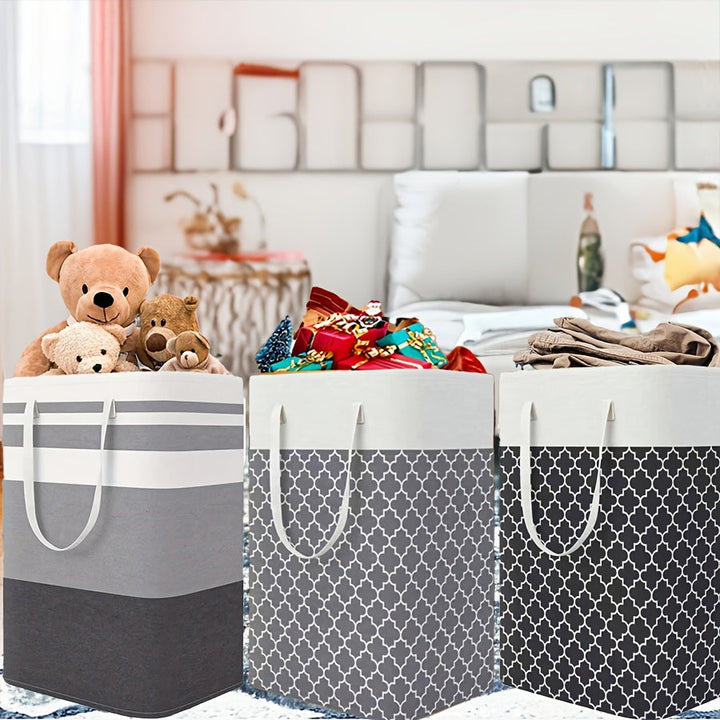 Canasta Grande Plegable para Ropa de 1 Pieza - Independiente, Poliéster Duradero, Elegante Patrón Geométrico en Blanco y Gris - Perfecta para Ropa, Juguetes y Almacenamiento en el Dormitorio - Ideal para Residencias Estudiantiles y Familias, Edad 14+