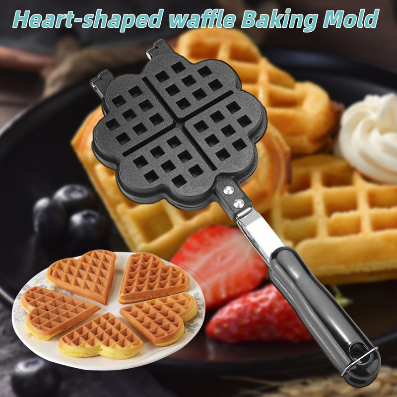 1 pieza, sartén de waffles de corazón de doble cara antiadherente, molde de waffles de aleación de aluminio con mango negro, perfecto para waffles belgas y sandwiches, accesorio de cocina para hornear, molde de waffles