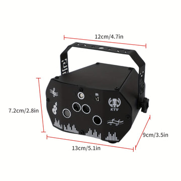 Proyector de luz de escenario mini de hierro negro con patrones dinámicos rojos y verdes, alimentado por USB con sensor de infrarrojos, batería de botón no recargable, ideal para KTV, DJ, decoración de fiestas, compatible con Halloween, Acción de Gracias