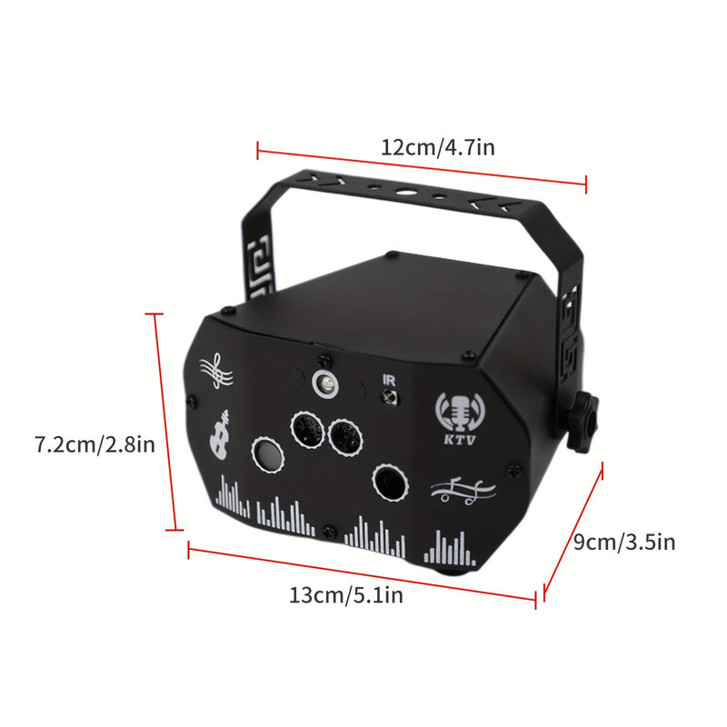 Proyector de luz de escenario mini de hierro negro con patrones dinámicos rojos y verdes, alimentado por USB con sensor de infrarrojos, batería de botón no recargable, ideal para KTV, DJ, decoración de fiestas, compatible con Halloween, Acción de Gracias