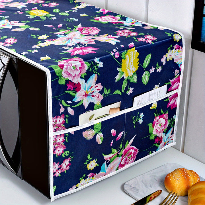 Fundas para Microondas con Estampado Floral y Bolsillos Dobles - Organizador de Cocina de 100.0 cm, Flores Azul Oscuro y Rojo/Rosas, Tela Duradera para Protección del Microondas y Almacenamiento de Utensilios, Bolsillos Laterales Prácticos