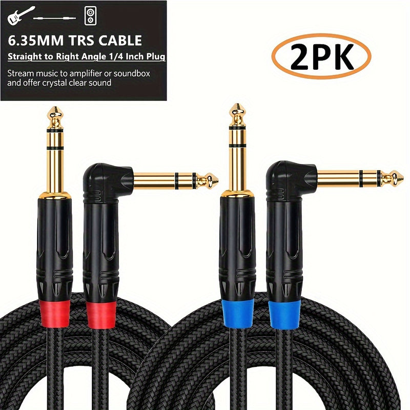 2pcs Cable de Instrumento TRS de Alta Calidad de 1/4 Pulgada - Ángulo Recto y Recto Macho a Macho Interconexión de Audio Estéreo, Jack de 6.35mm Chapado en Oro para Sonido Cristalino - Compatible con Bajo, Teclado, Mezclador, Amplificador - Duradero, Fle