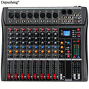 Mezclador de audio profesional DEPUSHENG de 6/8/12 canales - Negro, encendido, 110V-130V, estándar estadounidense, con USB, XLR, alimentación fantasma y entradas/salidas RCA para DJs, estudios y bares
