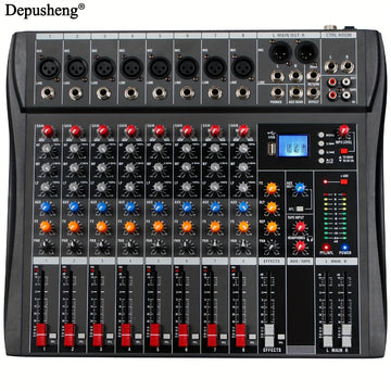 Mezclador de audio profesional DEPUSHENG de 6/8/12 canales - Negro, encendido, 110V-130V, estándar estadounidense, con USB, XLR, alimentación fantasma y entradas/salidas RCA para DJs, estudios y bares