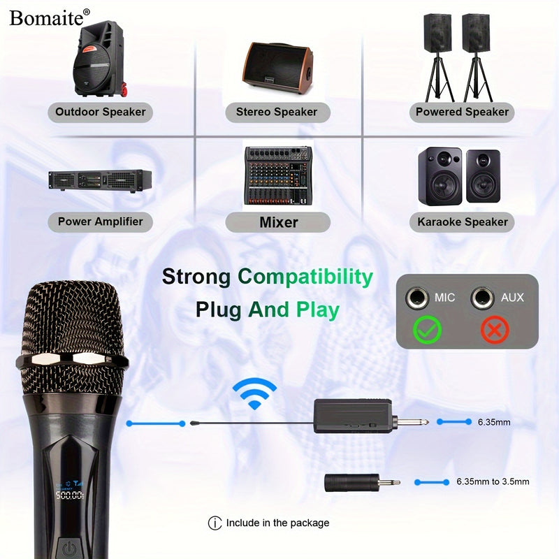 Microfono sin varillas Bomaite, Micrófono de Karaoke Portátil con Receptor Recargable para Fiestas, Iglesias y Bodas