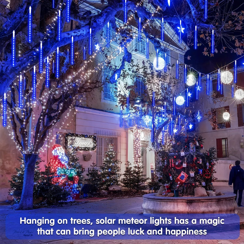 Luces de meteoro de hielo solar con interruptor inteligente, 192/288 LEDs Luces de gota de lluvia, IP44 Sensor de luz inteligente para Halloween Navidad Festival Iluminación comercial, Luces de lluvia de meteoro para árbol jardín fiesta al aire libre