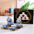 Juego de 6 tazas de café de cerámica estilo europeo con plating, diseño elegante azul y dorado, solo lavado a mano, reutilizable, uso múltiple, incluye salseras y tazas que se ajustan, accesorio para bar de café.