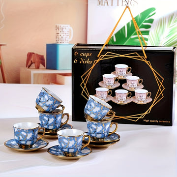 Juego de 6 tazas de café de cerámica estilo europeo con plating, diseño elegante azul y dorado, solo lavado a mano, reutilizable, uso múltiple, incluye salseras y tazas que se ajustan, accesorio para bar de café.