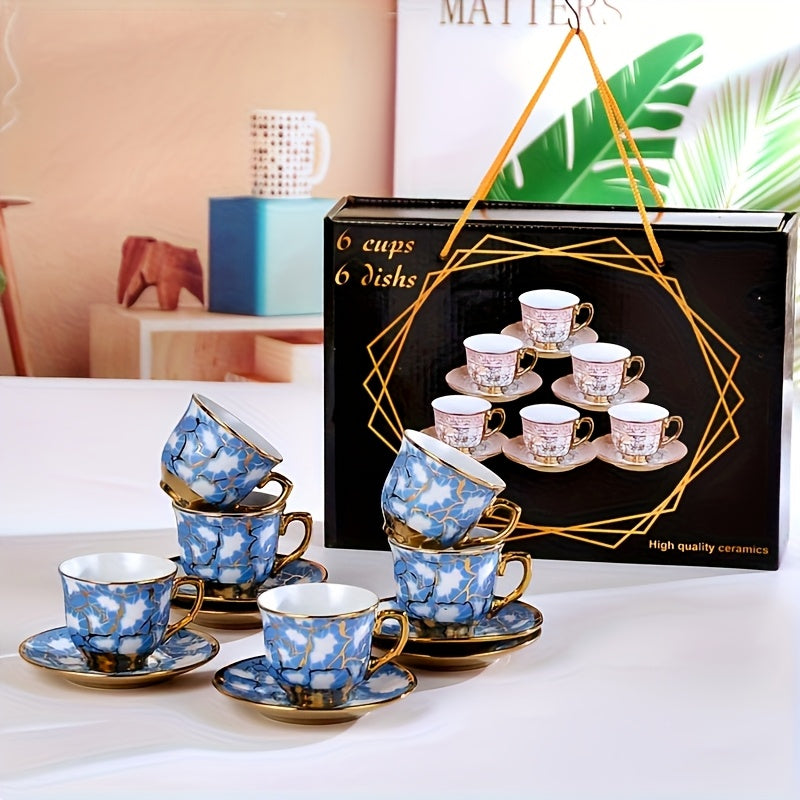 Juego de 6 tazas de café de cerámica estilo europeo con plating, diseño elegante azul y dorado, solo lavado a mano, reutilizable, uso múltiple, incluye salseras y tazas que se ajustan, accesorio para bar de café.