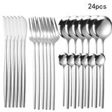 24 piezas de cubiertos de acero inoxidable con opciones doradas y plateadas, con cuchillos, tenedores y cucharas de estilo occidental creativo, aptos para restaurantes y cenas en casa, aptos para lavavajillas.