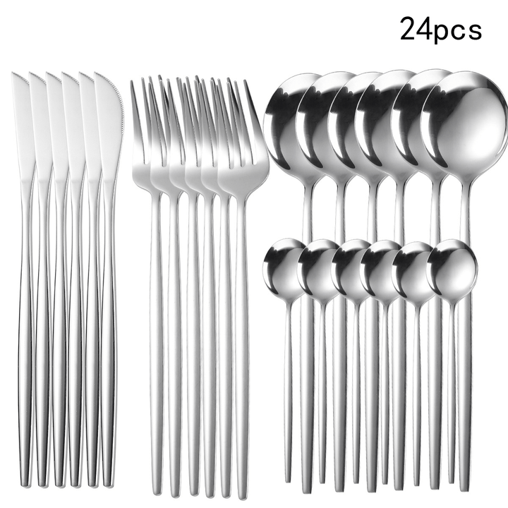 24 piezas de cubiertos de acero inoxidable con opciones doradas y plateadas, con cuchillos, tenedores y cucharas de estilo occidental creativo, aptos para restaurantes y cenas en casa, aptos para lavavajillas.