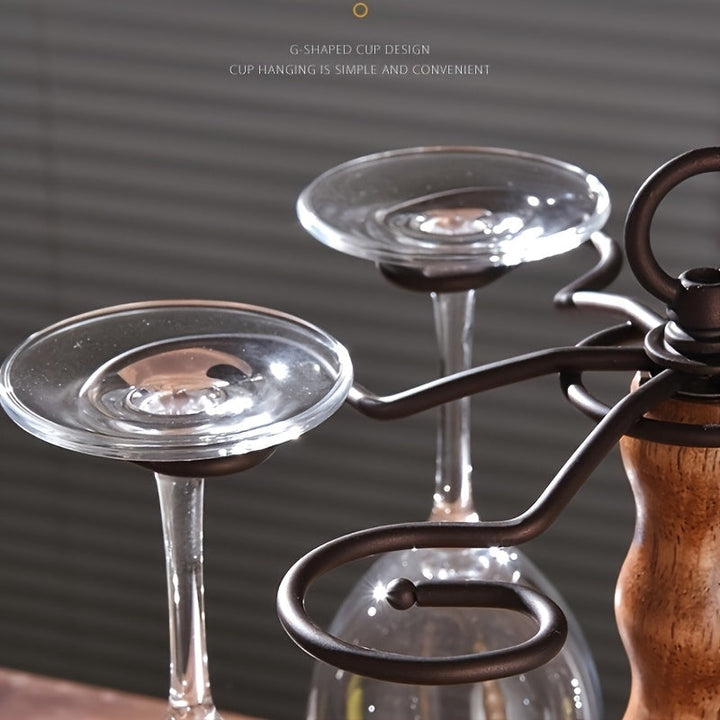 Elegante estante para copas de vino de mesa con estilo europeo de hierro pulido con acento de madera, duradero soporte para botellas decorativo para bares y hogares con colgador de vidrio incorporado - Capacidad para 6 copas
