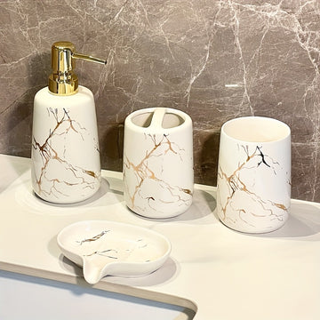 Juego de 4 piezas de cerámica con diseño de mármol para baño, incluye vaso para cepillo de dientes, dispensador de jabón líquido, ideal para hogar, alquiler o hotel