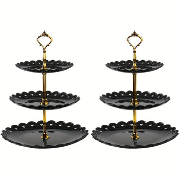 2 piezas de Expositores de Postres de Plástico de Estilo Europeo de 3 Niveles, Bandejas de Servicio de Pasteles y Repostería Seguras para Alimentos con Bordes Festoneados para Bodas, Cumpleaños, Fiestas de Té y Reuniones Festivas - Decoraciones Elegantes