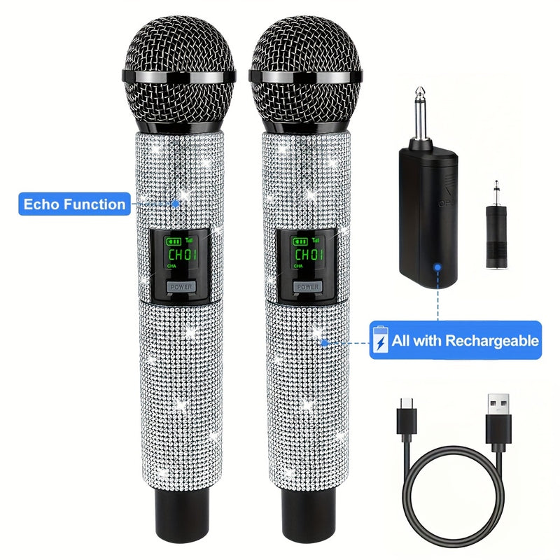 Sistema de micrófono con conector de 3,5 mm a 6,35 mm, control de volumen, indicador de batería y conectividad inalámbrica de 2,4 GHz, recargable.