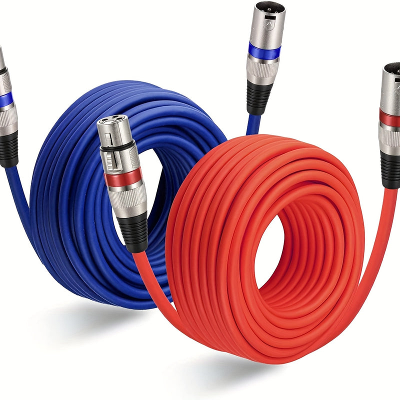 Conjunto de 2 cables para micrófono XLR, 15.24 metros - Macho equilibrado a hembra, doble blindaje con cobre libre de oxígeno y lámina de aluminio, rojo y azul, ideal para micrófonos, iluminación escénica y actuaciones en vivo