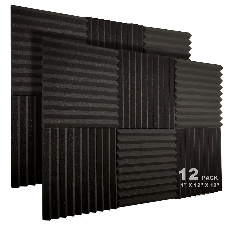 12 paneles de espuma acústica de alta densidad, 2.54 cm x 30.48 cm x 30.48 cm - Cuñas negras absorbentes de sonido para estudio de grabación y oficina en casa, resistentes al fuego, reducen reverberación y ecos, mejoran el rendimiento acústico