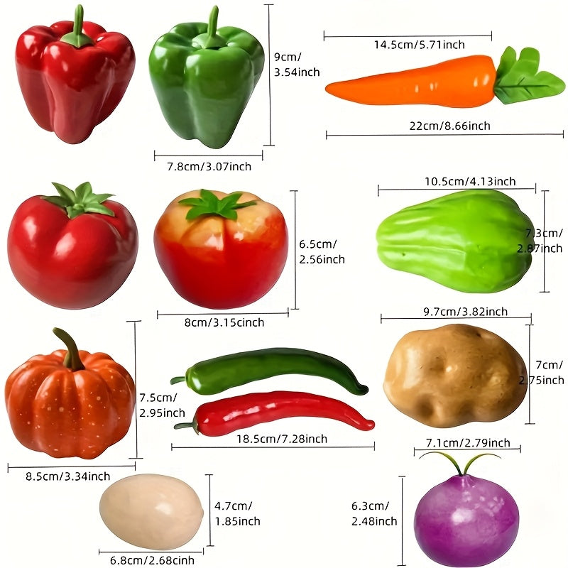 Juego de 12 Piezas de Frutas y Verduras Realistas, Tomates Artificiales, Pepinos, Calabazas, Zanahorias, Berenjenas, Adornos para Exhibición en Tienda o Hogar, Decoración de Mesa de Cocina y Gabinete con Fruta y Verdura