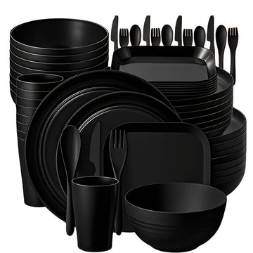 Juego de vajilla de plástico PP ligero, 32/64 piezas, resistente para microondas y lavavajillas, forma redonda moderna, ideal para Año Nuevo, Día de San Valentín y picnics al aire libre (en gris y negro), esenciales para picnic, vajilla moderna, juego de