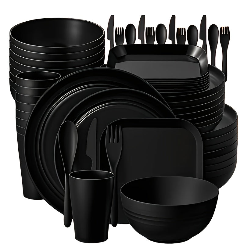 Juego de vajilla de plástico PP ligero, 32/64 piezas, resistente para microondas y lavavajillas, forma redonda moderna, ideal para Año Nuevo, Día de San Valentín y picnics al aire libre (en gris y negro), esenciales para picnic, vajilla moderna, juego de