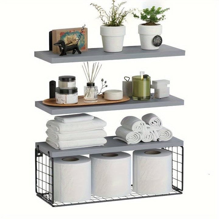 Juego de Estantes Flotantes de Pino Rústico con Portarrollos de Papel Higiénico - Organizador de Baño Montado en la Pared, Sin Tubos Metálicos Incluidos, Almacenamiento de Baño