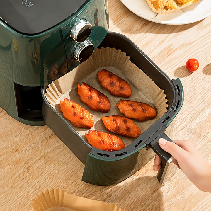 2 estantes cuadrados de acero inoxidable, 1 pinza resistente al calor y 50 hojas de papel pergamino para freidora con aire. Accesorio ideal para cocinar saludable en freidoras aéreas, compatible con varios modelos, perfecto para hornear y deshidratar, fá