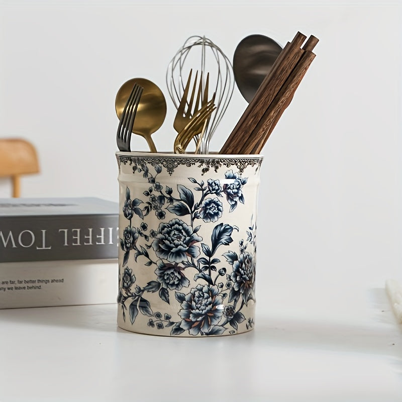 Juego de porta utensilios de cerámica de estilo europeo para cocina - Set decorativo de diseño floral para cubiertos, cuchillos, tenedores, cucharas y palillos organizadores