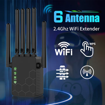 Amplificador y retransmisor de WiFi de 6 antenas - 2,4 GHz de alta velocidad inalámbrica, señal potente, modo dual con modo de seguridad WPS, alta penetración para hogar, oficina, cafetería, centro comercial - enchufe de EE. UU., extensor de WiFi para ho